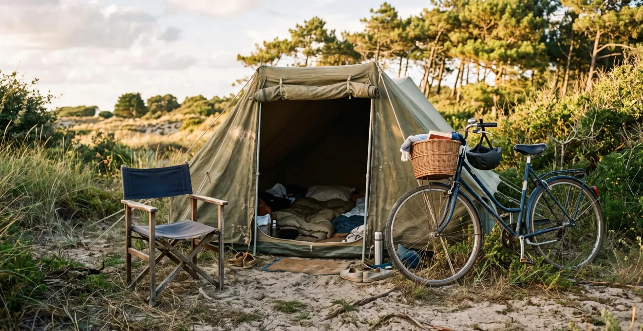 A campervan door open onto a pitch with a folding chair and a bicycle on the island.