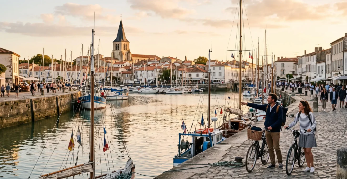A couple with bicycles admire the old harbour of Saint-Martin-de-Ré at sunset.