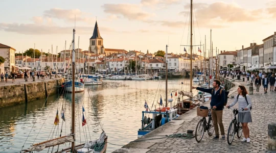 A couple with bicycles admire the old harbour of Saint-Martin-de-Ré at sunset.
