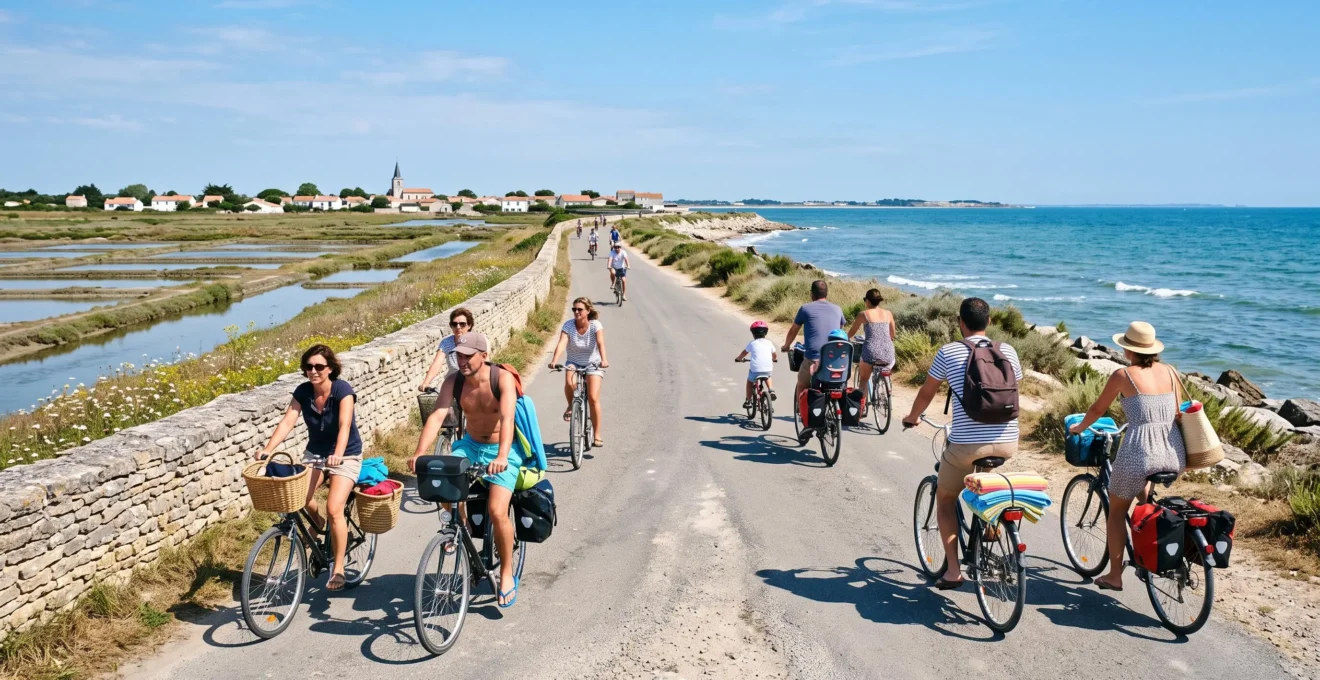 Cyclists riding along a flat coastal cycle path beside salt marshes on the island.