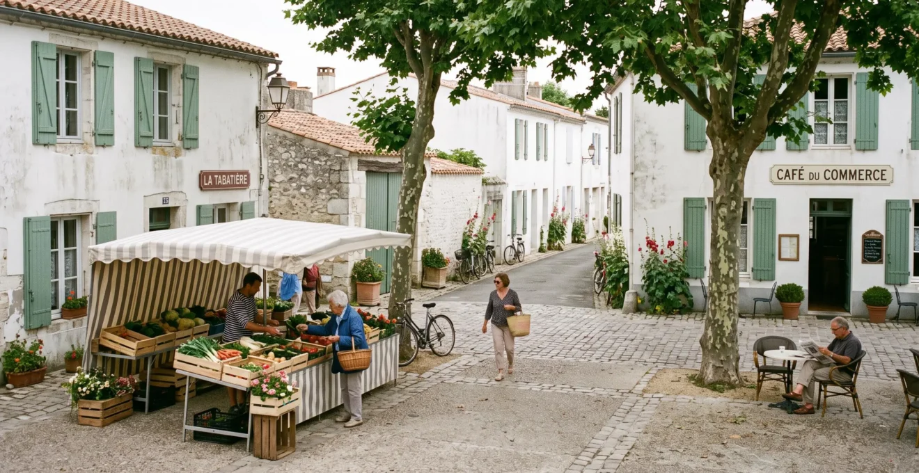 The calm village square of La Flotte with whitewashed houses and a small market stall.